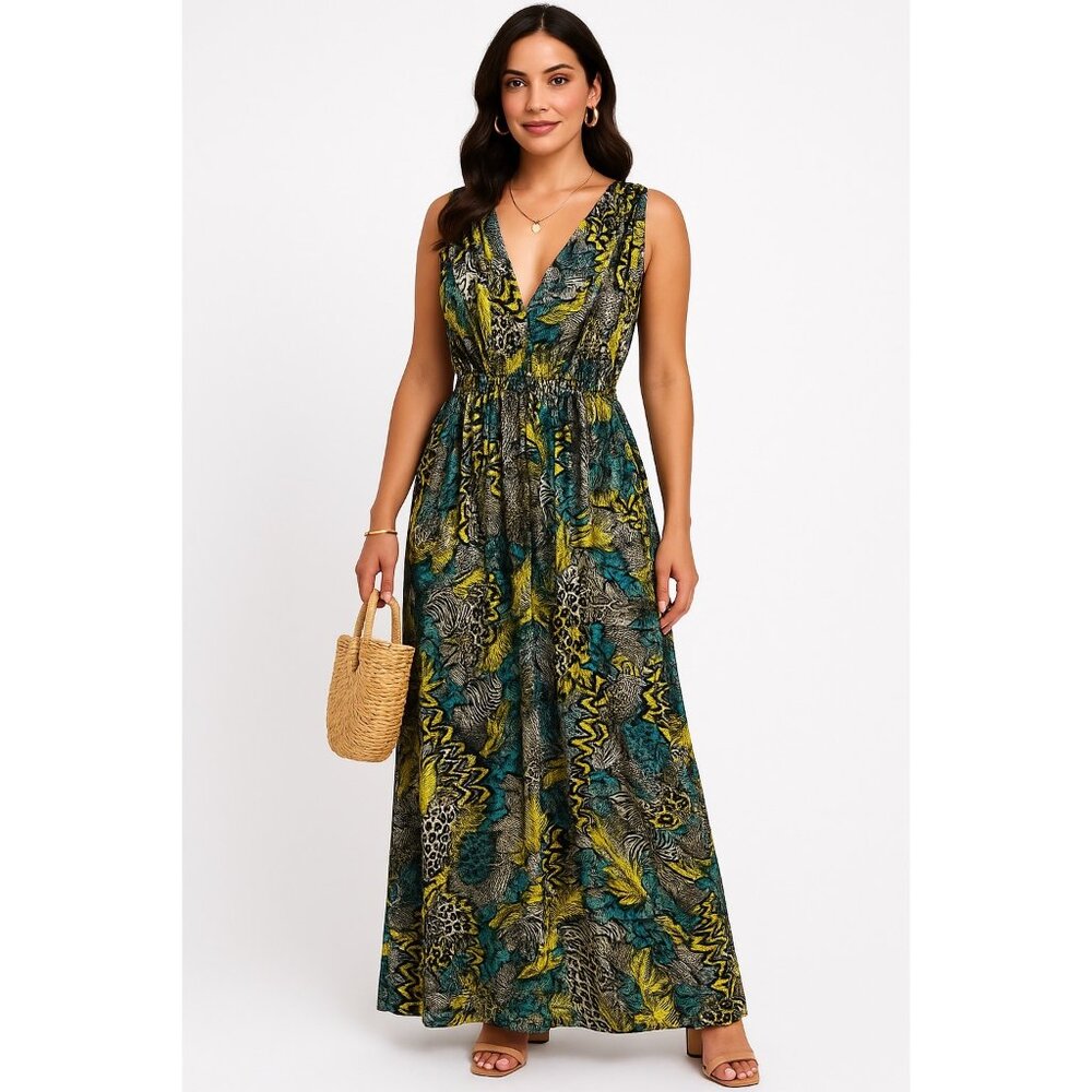 Womens Size L  Casual Sleeveless Maxi Dress Plunging V-Neck Elastic Waist